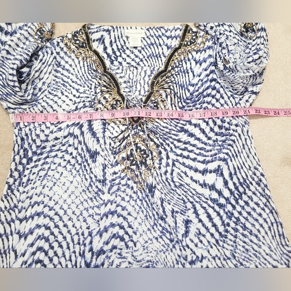 Soft Surroundings Beaded Tie Neck Tunic Blue White Rayon Boho Resort Top Large - Picture 9 of 12